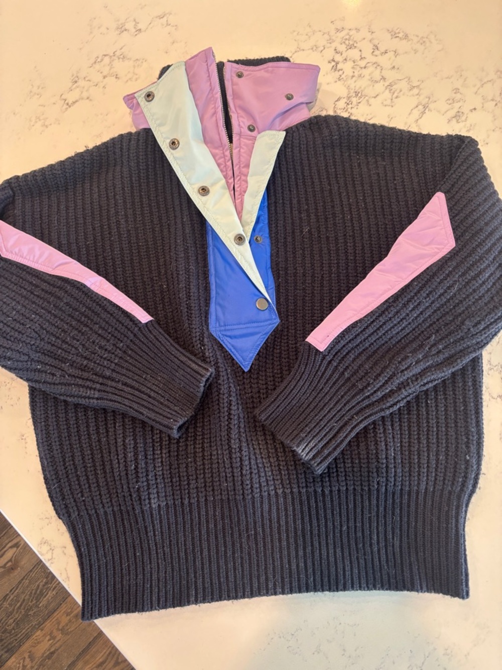 Women’s Black Ribbed Turtleneck Sweater with Pink & Blue Trim S